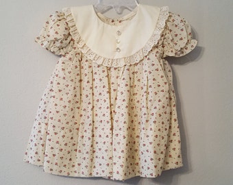 Vintage Girls Dress in Off White with Floral Print and Large Round Collar- Size 18 Months- New, never worn
