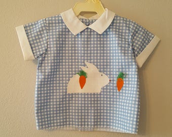 Vintage Boys Easter Bunny Shirt in Blue Gingham -sizes vary - new, never worn- SALE