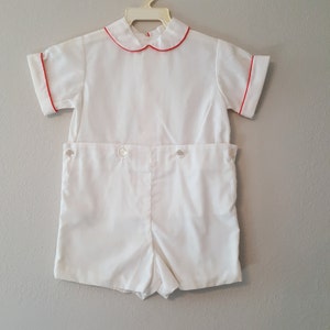 Vintage Boys 2 Piece Shorts Outfit in White with Red Piping on Collar and Cuffs- Size 3t- New, never worn