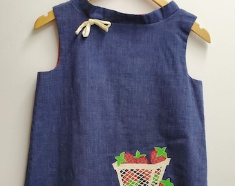 Vintage Girls Dark Denim Blue Dress with Boatneck and Basket of Strawberries- Size 10-12- Gently Worn- Shift Dress- Summer- Berry Picking