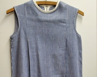 Vintage Girls Chambray Blue Striped Shift Dress with Sailboat Pocket- Size 8/10-  Nautical- Sleeveless- Classic- 60s Retro Mod