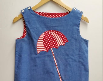 Vintage Girls Chambray Denim Swim Cover Up Dress with Red Polka Dot Umbrella - Reversible- Size 10-12- Gently Worn- Classic Summer Pool