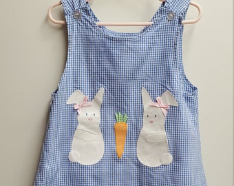Vintage Girls Blue Gingham Shift Dress with Easter Bunnies and Fish- Size 3t/4t- Easter Birthday Party- Beach Swim Cover up