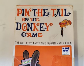 Vintage 1970 Pin The Tail on the Donkey Game by Whitman- Poster- Blindfold- 16 players- Classic Party Game- Toy- Homeschool- Halloween