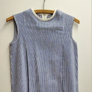 Vintage Girls Chambray Striped Dress: 60s Nautical Sailboat Pocket (Size 8/10)
