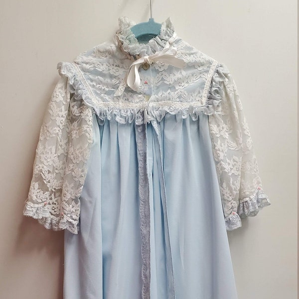 Vintage Girls Blue Night Gown and Robe with Lace and Roses- Size 7/8 - Special Occasion- Birthday- Sleepover- 50s 60s- Pajamas- Fancy