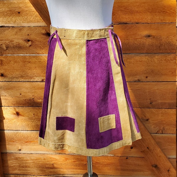 Vintage Women's Purple and Brown Suede Leather Mini Skirt by Tres Toros- Size S/XS- 60s Retro Mod- Patchwork Wrap- Teen Junior- Costume