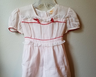 Vintage 50s Girls Sheer White and Red Dot Dress with Rick Rack and Lace by Totsy Togs- Size 2- Gently Worn