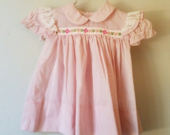 Vintage Girls pink striped dress with Flutter Sleeves and Retro floral detail  by C.I. Castro- Size 3 months- new, never worn