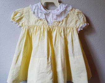 Vintage 50s Girls Yellow Cotton Dress with Embroidery on Peter Pan Collar by C.I. Castro-  Size 12 months- New never worn - Easter Dress