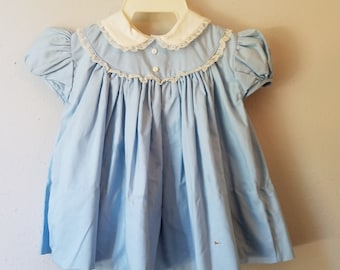 Vintage 50s Girls Blue Dress Peter Pan Collar and Lace Trim by C.I. Castro - Size 12 Months- Gently Worn