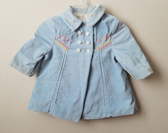 Vintage Girls Blue Corduroy Coat with Embroidery and buttons- Size 12-18 months- Gently Worn