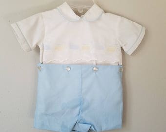 Vintage Baby Boy Outfit with Blue Shorts and White Shirt with Sheep -Size 6-9 months- Easter Outfit- Bobby Suit