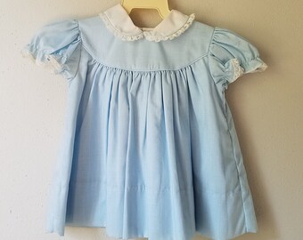 Vintage Girls Blue Dress with White Peter Pan Collar Trimmed in Lace - Size 18 months- New, never worn- Easter Dress- Simple Classic