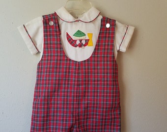 Vintage Boys Classic Red Plaid Jon Jon Romper with White Shirt and Boy in Airplane- Size 12 months- New, never worn- Christmas Outfit