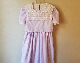 Vintage Girls Purple Dress with Lace and Ribbon Collar with French Handsewing- Size 8 - Handmade Easter Dress- Wedding Flower Girl-