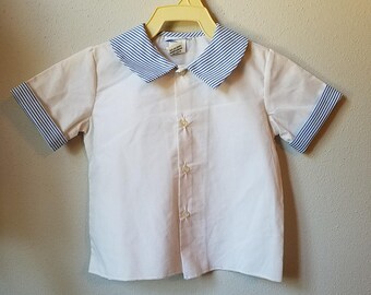 Vintage Boys White Shirt with Blue Seersucker Collar and Cuffs-All Sizes -New, never worn