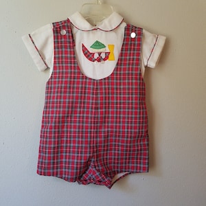 Vintage Red Plaid Jon Jon Romper with Airplane Applique - 12 Months