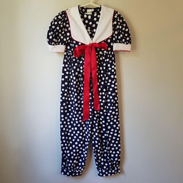 Vintage Navy Blue and White Polka Dot Romper Pants with Sailor Collar and Red Bow by Ruth of Carolina - Size 6 - Gently Worn