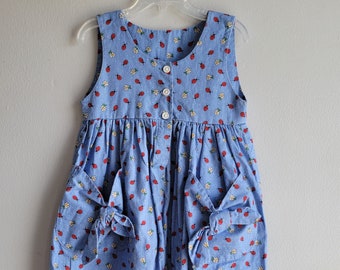 Vintage Girls Blue Romper with Ladybugs by Ginny's Kids- Size 4t- Made in USA- Wide leg- Pockets- Birthday Party- 80s Classic- Flowers