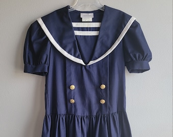 Vintage Girls Navy Blue Sailor Dress with Dropped Waist and White Trim by Bonie Jean - Size 8- Classic Nautical- Party Dress- Wedding