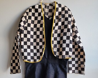 Vintage Girls Black Skater Dress and Checkerboard Jacket with Yellow Trim- Size 8/10- Retro 50s Costume- Roller Skating- Racing- Party