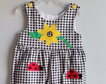 Vintage Girls Romper in Black and White Gingham Check and a Sunflower and Ladybug by Frog Pond Kids- Size 4t- Gently Worn- Back to School