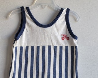 Vintage Boys 70s Bike Tank Top Shirt by Garanimals in Navy and Blue Stripes with Red Pocket- Size 6- Bike pocket on back- Summer- Beach-