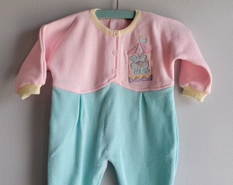 Vintage Girls Pink Sweater and Green Knit Long Pants Romper with Elephant  by Friemanit- Size 12 months- Circus- Birthday Party- Footed