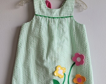 Vintage Girls Green Seersucker Sun Dress with Appliqued Flowers by Florence Eiseman - Size 2t- Gently Worn- Easter Outfit- Party Rick Rack