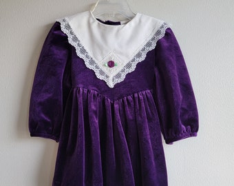 Vintage Girls Purple Velvet Dress with Long Sleeves and White V Collar with Lace by Rare Editions- Size 3t- Gently Worn- Christmas Dress-