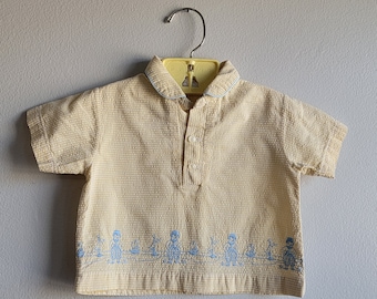 Vintage 50s Boys Seersucker Shirt with Embroidered Boy and Sailboats by Pemay- Size 18-24 months- Classic Dutch Boy- Summer