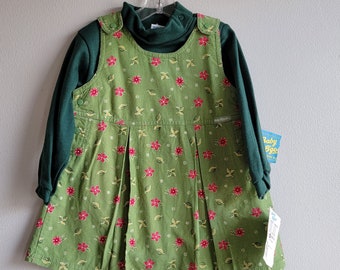 Vintage Girls Green Floral Corduroy Dress with shirt by Baby B'Gosh- Size 18 months- New with Tags- Back to School- Fall Picture Day- 90s