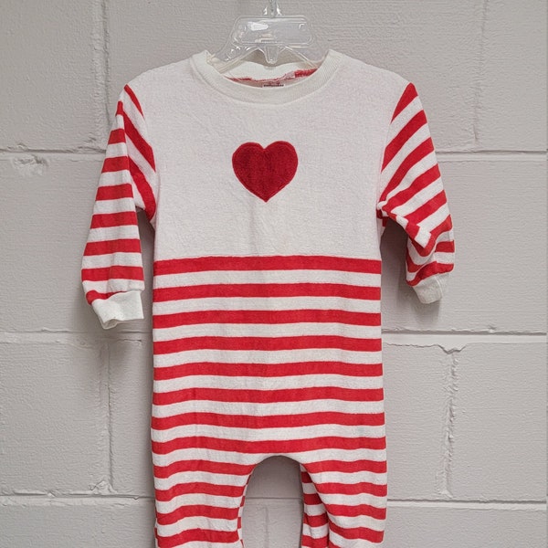 Vintage Red and White Striped Terry Cloth Footed Pajamas by PattyCakes- Size 24 months- Gently Worn- Classic PJs-Christmas Holiday Boy Girl