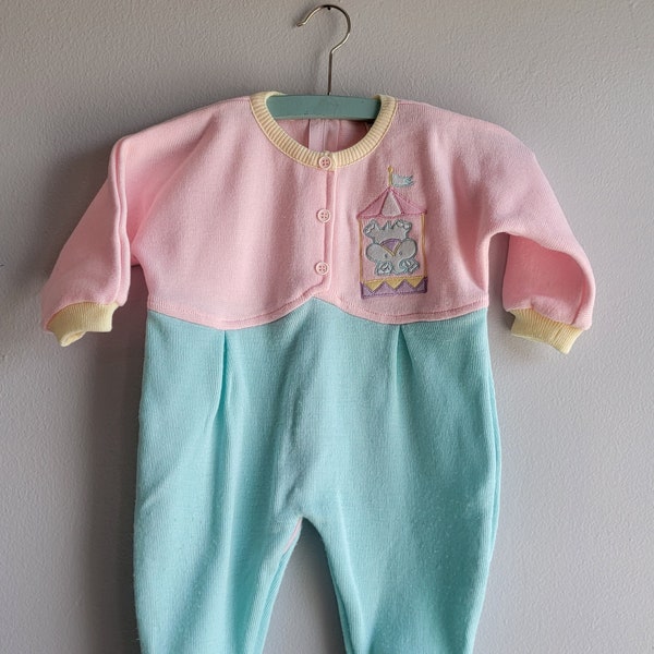 Vintage Girls Pink Sweater and Green Knit Long Pants Romper with Elephant  by Friemanit- Size 12 months- Circus- Birthday Party- Footed