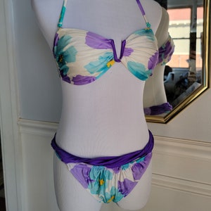 Vintage Woman&#39;s Bikini Swimsuit in Blue and Purple Floral by Sassafras- Size 9/10- Underwire- Convertible Halter- strapless- 80s 90s Summer