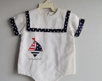 Vintage Boys Romper in White Pique with Navy Stars and Sailboat - Size 6 months- New and Never Worn- USA- 4th of July- Classic