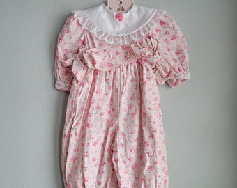 Vintage Girls Pink Floral Romper with Round White Collar with Lace by Polly Flinders- Size 24 months- Gently Worn- Easter Outfit- Wedding