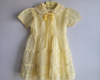 Vintage 50s Girls Sheer Yellow Dress with Flocked Floral Print- Size 5/6- - Wedding Flower Girl- Easter Dress- Slip- Sisters Twins- Swiss