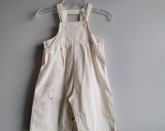 Vintage Unisex Yellow Seersucker Overalls with Embroidered Rabbit by HealthTex- Stantogs- Size 9 months- Gently Worn- Two Varieties