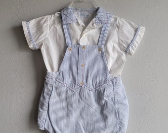 Vintage Boys Blue Seersucker Striped Romper and White Shirt  by Heir Craft- Size 24 months- Plastic Lined Pants- Birthday- Easter- 60s