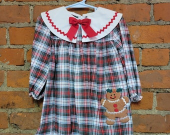 Vintage Girls Classic Plaid Christmas Dress with Gingerbread Man by Allison Ann- Size 2t- Gently Worn- White Collar- Rick Rack- Long Sleeve