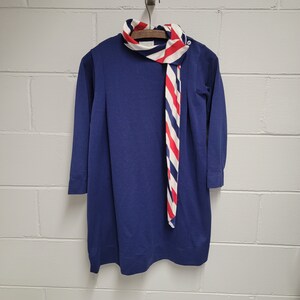 Vintage Girls 60s Blue Long-sleeved Dress with Striped Scarf by Florence Eiseman Knits- Size 12- Flight Attendant Costume- Retro Mod-