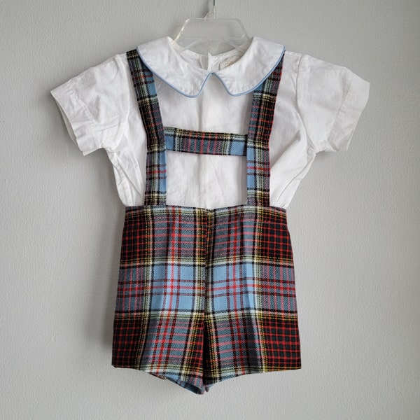 Vintage Boys Plaid Shorts with Suspender Straps and White Shirt- Size 12-18 months- Easter outfit- Wedding Ring Bearer- Gently Worn