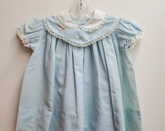 Vintage 50s Semi-sheer Girls Blue Dress with White Collar and Embroidered Dog by C.I. Castro - Size 12 months- New, never worn- Easter Dress