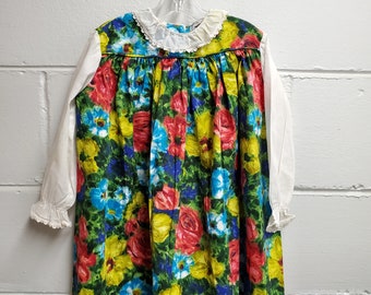 Vestido floral vintage de los años 60 para niña: mangas blancas, talla 3T