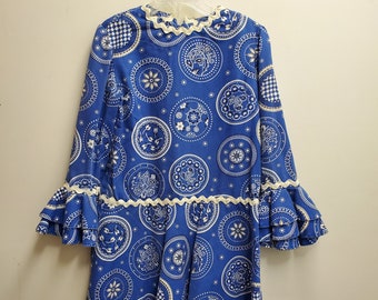 Vintage Girls 60s Blue Bandanna Print Dress with Long sleeves and Rick Rack - Size 5- Handmade- Hippie Costume- Hoe Down- Party Dress