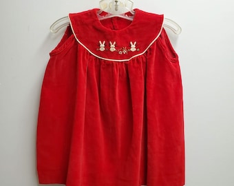 Vintage Girls Red Velvet  Dress with Embroidered Rabbits- Size 2t/3t- Sleeveless Christmas Dress- Classic- 60s Mod