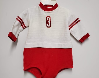 Vintage Baby Boy Long Sleeved Bodysuit in Red and White "3" by Nannette- Size 6-12 months- Baseball- sports- Birthday- Uniform- 50s 60s