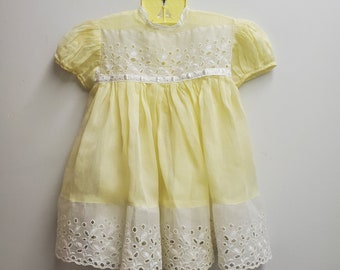 Vintage 50s Girls Sheer Yellow Dress with Eyelet Lace - Size 2t- Gently Worn- Handmade- Classic- Wedding Flower Girl- Easter- Birthday